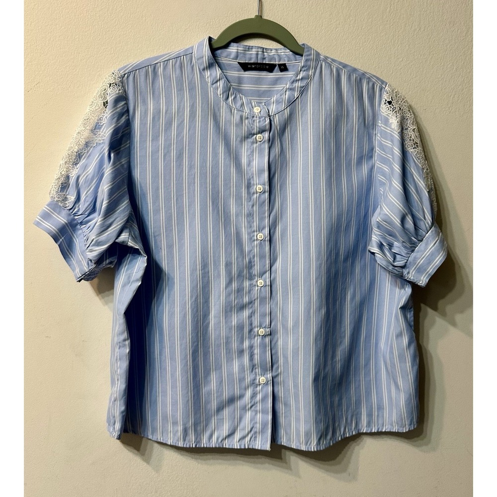 Wardrobe Westside Striped Blouse Top XL Blue Lace Shoulder Short Sleeve Button